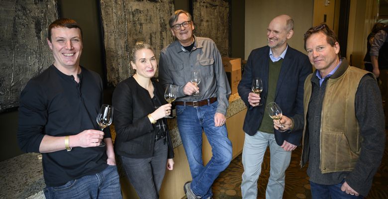 The 2019 Oregon Chardonnay Celebration panel at The Allison Inn & Spa in Newberg (from left): Ben Casteel, Bethel Heights; Kate Payne-Brown, Stoller Family Estate; Robert Brittan, Brittan Vineyards; Jason Lett, The Eyrie Vineyards; and Michael Etzel of Beaux Frères. ##Photo by Andrea Johnson