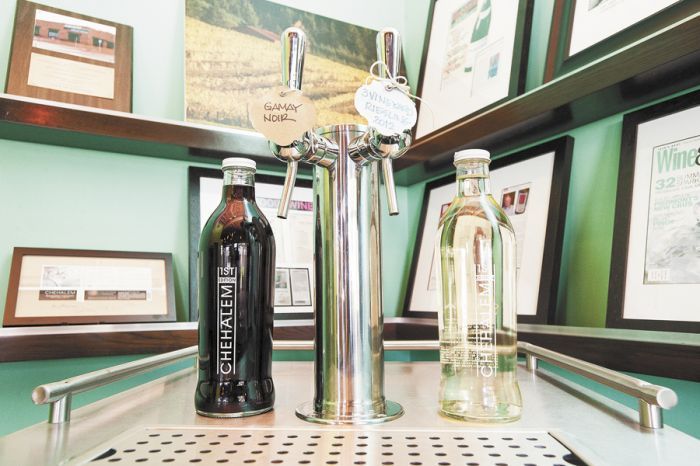 Chehalem offers a red and white on tap in the tasting room located in downtown Newberg. Chehalem offers a red and white on tap in the tasting room located in downtown Newberg.