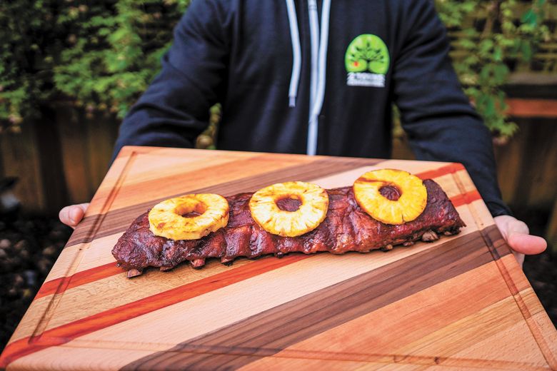 Grilled pork chops and pineapple rings go well with cider. ##Photo provided by 2 Towns Ciderhouse