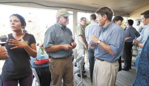 Ken Wright of Ken Wright Cellars chats with Louis Jadot’s Pierre-Henry Gagey during a welcome event at Resonance Vineyard. Photo by Marcus Larson.