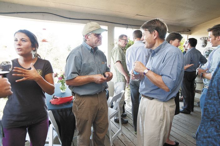 Ken Wright of Ken Wright Cellars chats with Louis Jadot’s Pierre-Henry Gagey during a welcome event at Resonance Vineyard. Photo by Marcus Larson.