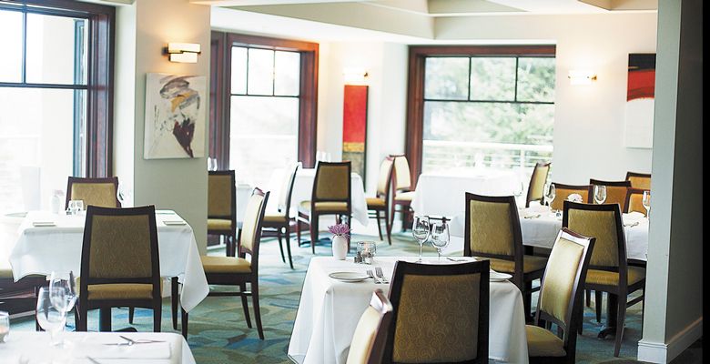 Light fills the dining room at Restaurant Beck with floor-to-ceiling windows for enjoying the view. ##Photo by Jannie Huang.