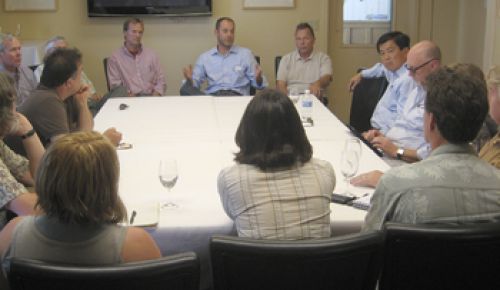 On July 6, Oregon wine industry members gathered at Sokol Blosser in Dundee to discuss immigration and other topics with U.S. Rep. David Wu.  Photo by Karl Klooster