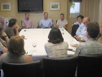 On July 6, Oregon wine industry members gathered at Sokol Blosser in Dundee to discuss immigration and other topics with U.S. Rep. David Wu.  Photo by Karl Klooster