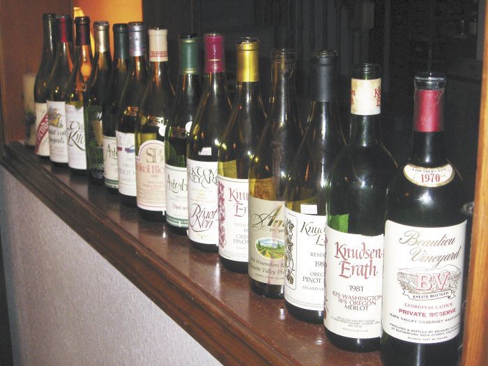 The line-up of empty bottles attests to a tasting that featured 1985 Pinot Noirs and other vinified rarities. Photo by Karl Klooster. The line-up of empty bottles attests to a tasting that featured 1985 Pinot Noirs and other vinified rarities. Photo by Karl Klooster.