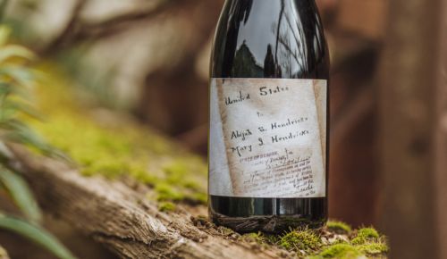 The label for the Ruby Vineyard Hendricks Legacy Pinot Noir shows the recorder’s stamp on the back side of the deed belonging to Steve Hendricks’ ancestors, Abijah and Mary Hendricks. After a family had farmed, lived on and improved the land for three-plus years, they were eligible to receive a deed from the U.S. government, transferring the land so that they now owned it. ##Photo by Josh Chang