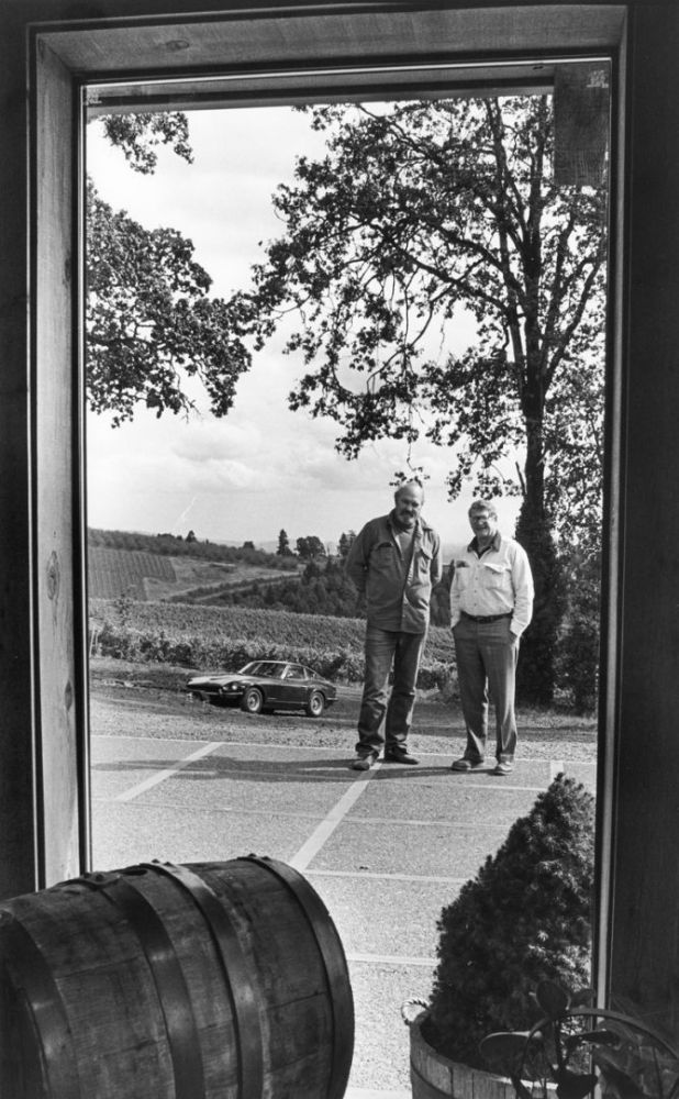 Dick Erath (left) and Cal Knudsen at Knudsen Vineyards, taken in 1980.##Photo courtesy of Knudsen Vineyards Dick Erath (left) and Cal Knudsen at Knudsen Vineyards, taken in 1980.##Photo courtesy of Knudsen Vineyards