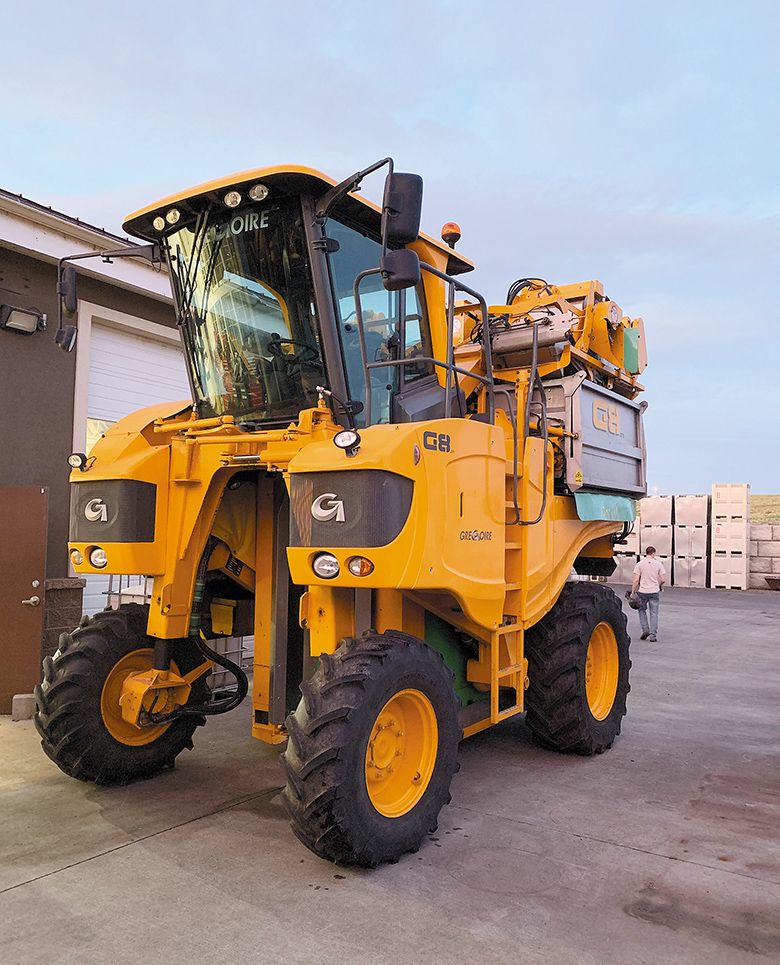 The massive Gregoire 2015 G.8 270 grape harvester parked at Cougar Crest Estate Winery. ## Photo provided by Cougar Crest Estate Winery The massive Gregoire 2015 G.8 270 grape harvester parked at Cougar Crest Estate Winery. ## Photo provided by Cougar Crest Estate Winery