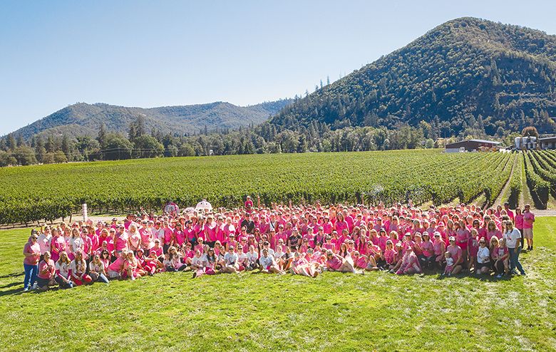 The crowd of hikers &ldquo;painting the vineyard pink&rdquo; during Del Rio&rsquo;s Hike to Fight breast cancer event. ## Photo provided by Del Rio Vineyard Estate