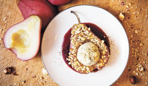 Pinot-Poached Pears with Blue Cheese from Abbey Road Farm B&B & Winery and Chefs Eric Bartle and Sara Kundelius ##Photo provided