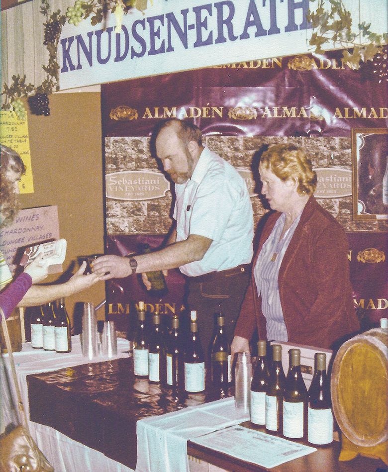 Dick and Kina Erath pouring wine at an event in 1980. ##Photo provided by Erik Erath