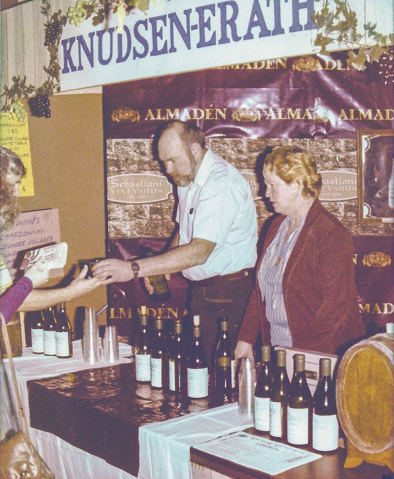 Dick and Kina Erath pouring wine at an event in 1980. ##Photo provided by Erik Erath Dick and Kina Erath pouring wine at an event in 1980. ##Photo provided by Erik Erath