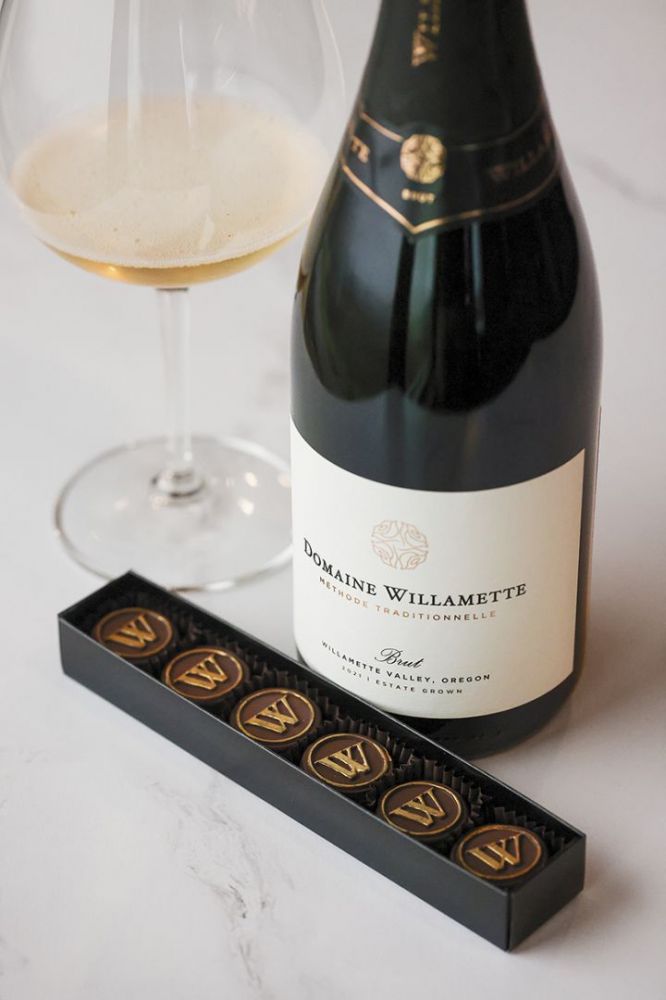 Whimsy Chocolates  meltaways paired with Domaine Willamette sparkling wine. ## Photo provided by Willamette Valley Vineyards