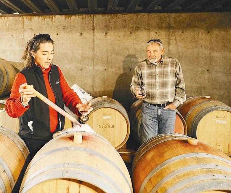 Airlie Winery&rsquo;s winemaker, Elizabeth Clark, taking barrel samples. ## Photo provided by Airlie Winery