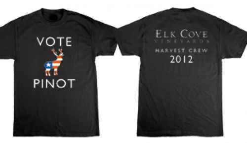 1. Front: Vote Pinot; Back: Elk Cove Vineyards Harvest Crew 2012.