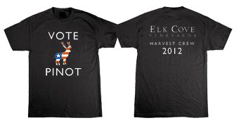 1. Front: Vote Pinot; Back: Elk Cove Vineyards Harvest Crew 2012. 1. Front: Vote Pinot; Back: Elk Cove Vineyards Harvest Crew 2012.