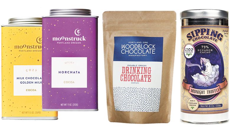 Moonstruck Chocolate (Portland) Hot Chocolate, Woodblock Chocolate (Portland) Drinking Chocolate, Creo Chocolate (Portland) Sipping Chocolate.