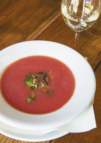 The chilled tomato soup with savory pork cracklins was inspired by a late night BLT the chef ate while tasting the Natalies s Estate 2010 Elephant Mountain Viognier. Photo by Andrea Johnson. The chilled tomato soup with savory pork cracklins was inspired by a late night BLT the chef ate while tasting the Natalies s Estate 2010 Elephant Mountain Viognier. Photo by Andrea Johnson.