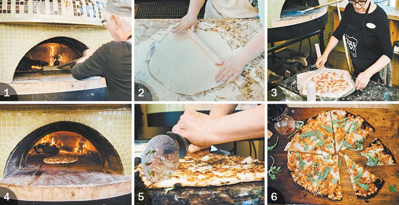 1)  Left Coast Cellars chef Linda Harding brushes the already-hot wood-fired oven, a Forno Bravo, preparing it for the next pizza. 2) Sierra Starns rolls the dough thin for Left Coast’s popular pizzas. Elsesser 3) After topping the pizza, Left Coast Cellars chef Linda Harding slides it onto a wooden peel before moving it into the hot wood-fired oven.  4) The pizza sizzles in the oven, baking to perfection. 5) Harding slices the pizza straight out of the oven. 6) The finished pizza, Left Coast’s most distinct pie, features fresh pear, thin-sliced prosciutto, arugula and a drizzle of estate honey.  ##Photo by Kathryn Elsesser