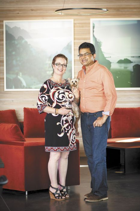 Sanjeev Lahoti and Angela Summers with their 2-year-old Yorkie, Iris.