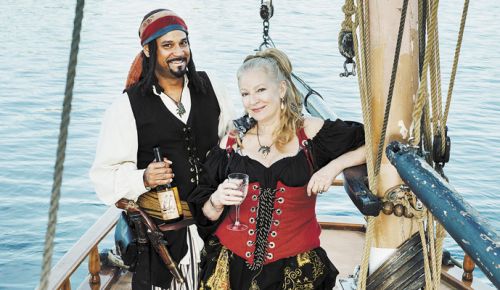 Shuhe Hawkins and Kate Larsen aboard the Royaliste, an interpretation of a ketch-rigged privateer typical of those in service between 1755 and 1812. ##Photo by Kathryn Elsesser