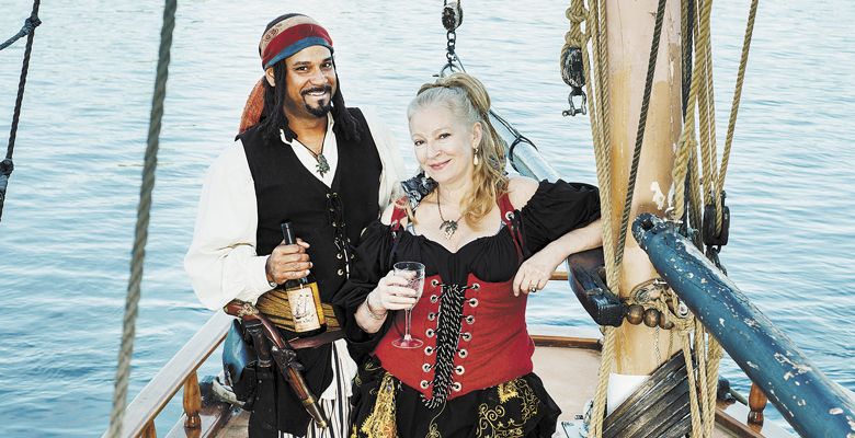 Shuhe Hawkins and Kate Larsen aboard the Royaliste, an interpretation of a ketch-rigged privateer typical of those in service between 1755 and 1812. ##Photo by Kathryn Elsesser