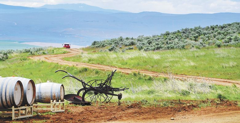 New meets old as an old iron plow, once used by Travis Cook’s great-grandfather, sits next to barrels that have been placed to guide parking at Copper Belt’s winery near Baker City. ##Photo by Timothy Bishop