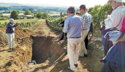 Geologist Dr. Scott Burns speaks to a crowd attending a site visit at Stoller Family Estate in Dayton during the International Terroir Congress, which was hosted for the first time in Oregon, July 10–14. ##Photo by Maureen Battistella