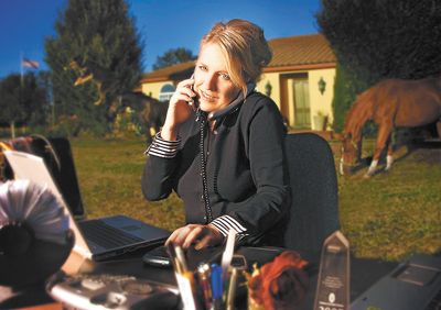 Pennie Lane s home office and staff: (from right) horses Andy and Ellie, and Milo the leaping dog - compliments of friend and film director Gus Van Sant.  Photo by Charles Waugh/courtesy of the Portland Celebrity Calendar