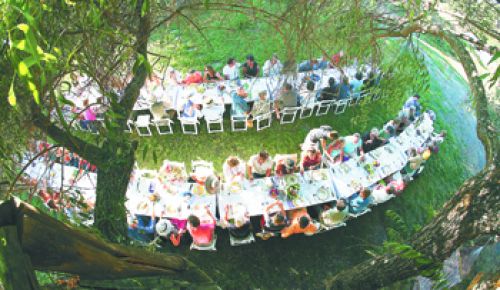 Guests gather under a large tree at Restoration Farm in Ashland during last year’s Farm to Fork series. This particular
farm is host to the Southern Oregon Permaculture Institute, which offers adult education and the Farm to Kids summer camp.