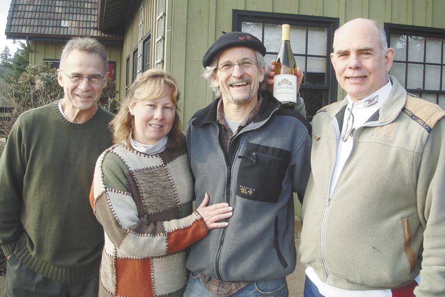 Michael (right) and Linda Armellino, with friend John Ginter, enjoy a visit to Oregon with John Paul (middle) of Cameron Winery.