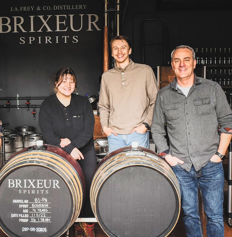 The Brixeur team, Tatum Frey, Jackson Harloff and James Frey, in the distillery.##Photo provided