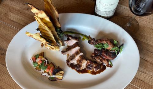 Grilled Oregon
Rabbit with Gamay Noir Sauce, Candied Corn Ricotta, Open Ravioli and Grilled Plum Potato Salad ##Photo by Timothy Keller