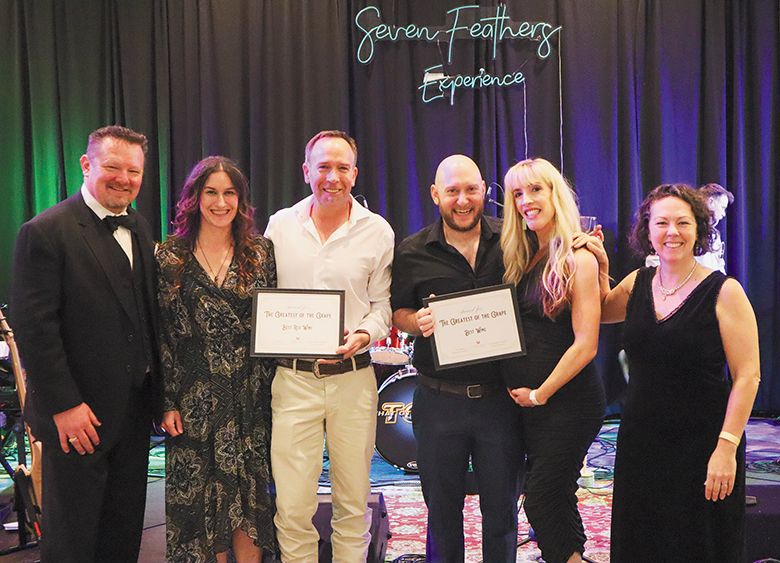 ABOVE: From left to right: 2024 Greatest of the Grape event MC Jay Couron, Girardet Vineyards & Winery s Kristie McPherson and Marc Girardet, JosephJane Winery s Leon and Kayla Glaser, Umpqua Valley Winegrowers Association s Ali Rodgers. ##Photo provided