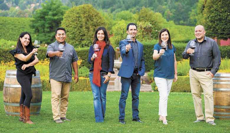 Celebrating Hispanic Roots 2021 participants include (from left): Sofia Torres, Cramoisi Vineyard & Winery; Leo Rodriguez, Alumbra Cellars; Ximena Orrego, Atticus Wines; JP Valot, Valcan Cellars; Carla Rodriguez, Beacon Hill Winery & Vineyard; Sam Parra, Parra Wine Co. ##Photo by Michael Cary Arellano