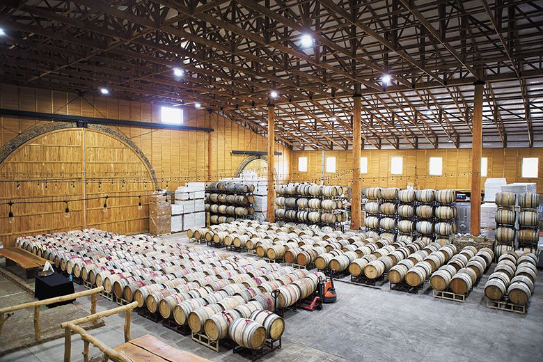 Barrels of wine in Maysara‘s winery. ##Photo by Dominic Allen