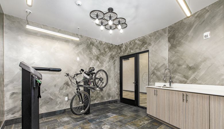 The bike room off the main floor lobby of The Independence Hotel in Independence, Oregon.