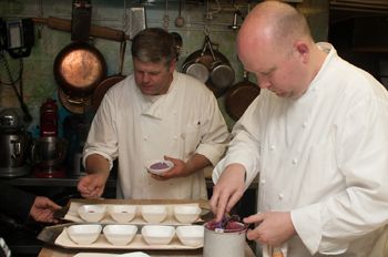 Chef Jason Stoller Smith (right) and his assistant James Healy, at the June 19 James Beard House dinner in NYC. Photo by Phil Gross