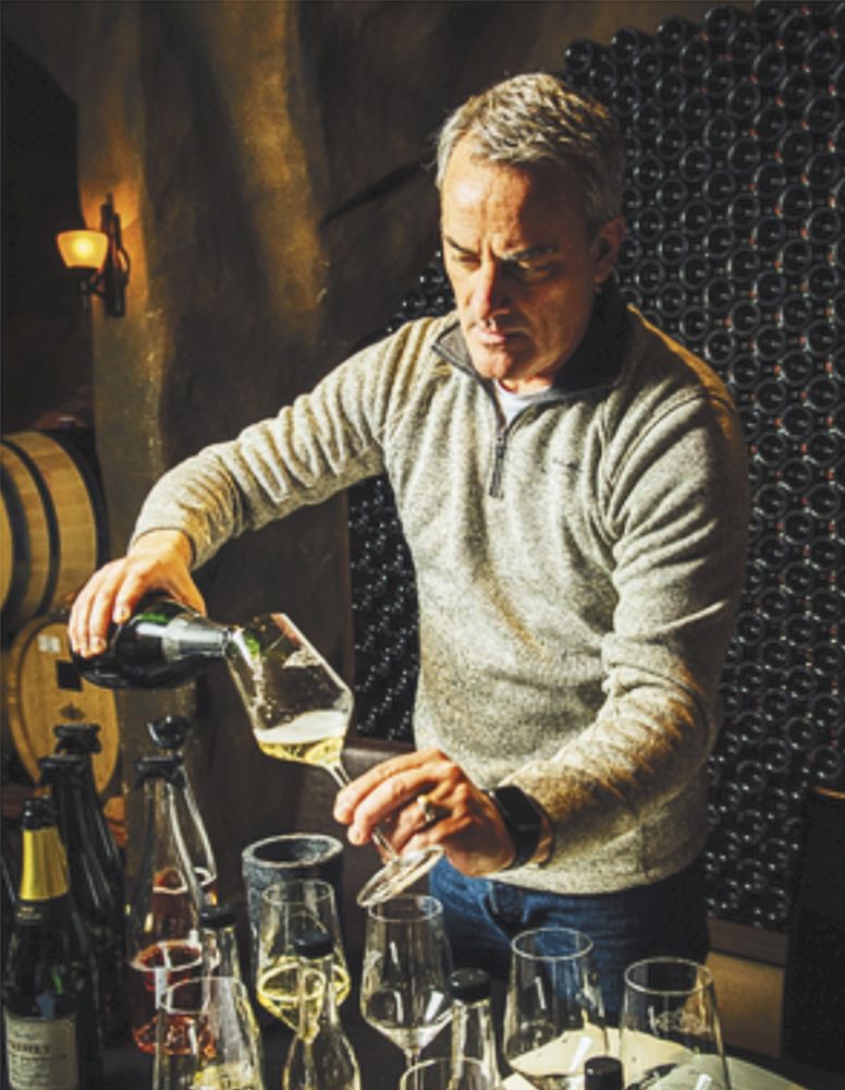 James Frey, founder of Trisaetum, pouring a glass of Pashey sparkling wine.  ## Photo provided by Method Oregon