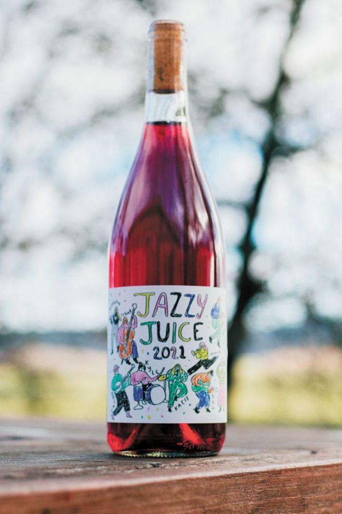 Johan Vineyard’s Jazzy Juice is a blend of Pinot Noir, Pinot Gris and Kerner.  The label illustrates the entire crew for that year, all playing in a jazz band. ##Photo provided by Johan Vineyards