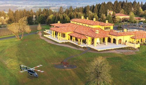 A helicopter lifts off at Domaine Serene in the Dundee Hills and heads to Downtown Portland. ##Photo courtesy of Hillsboro Aviation