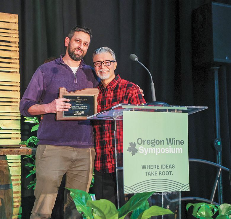 Scenic Valley Farms&rsquo; winemaker Gabriel Jagle standing with Vineyard Excellence awardee Mario Fandino, assistant winemaker at the winery. ## Photo by Kelly Lyon