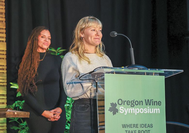 Shannon Mayhew, biodynamic estate gardener at Brooks Wine, accepting her Sustainability Champion award. ## Photo by Kelly Lyon