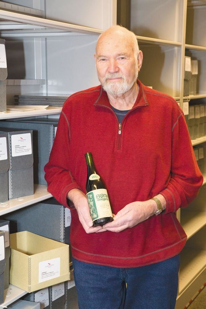 Dick Erath holding his Erath Vineyards 1972 Pinot Noir, a bottle he donated to the Oregon Wine History Archive. Funds donated to Linfield University by the Erath Family Foundation helped establish the Oregon Wine History Archive. ## Photo provided by Oregon Wine History Archive, Linfield University