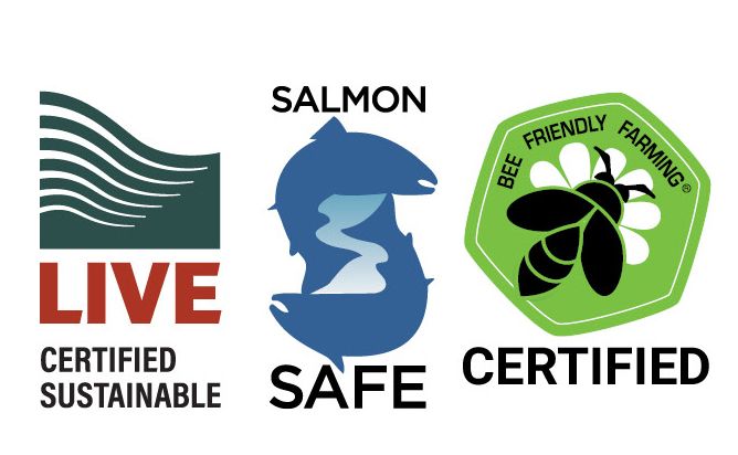 LIVE, Salmon-Safe and Bee Friendly logos.