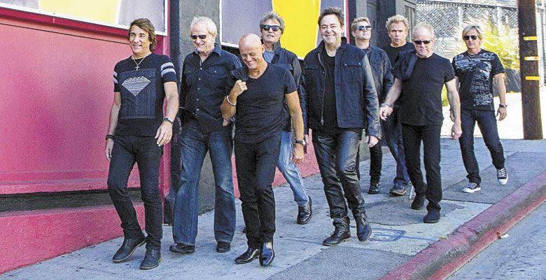 (Left to right) Chicago band members Walfredo Reyes Jr., Lee Loughnane, Tris Imboden, Robert Lamm, Lou Pardini, Keith Howland, Ray Herrmann, James Pankow and Jeff Coffey. ##Photo by David M. Earnisse