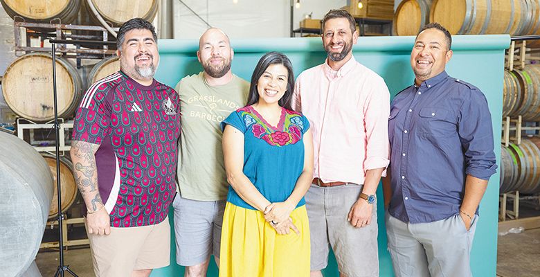 Latino makers, from left: Ricardo Antunez, chef and cofounder of Latino Makers Food & Wine; Dustin Joseph, Biscuit & Pickles Catering; Elena Rodriguez, Alumbra Cellars and cofounder of Latino Makers Food & Wine; Gabriel Jagle, Scenic Valley Farms; Adrian Cornejo, Nueva Aventura. ## Photo by Molly Bailey