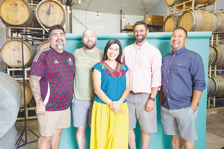 Latino makers, from left: Ricardo Antunez, chef and cofounder of Latino Makers Food & Wine; Dustin Joseph, Biscuit & Pickles Catering; Elena Rodriguez, Alumbra Cellars and cofounder of Latino Makers Food & Wine; Gabriel Jagle, Scenic Valley Farms; Adrian Cornejo, Nueva Aventura. ## Photo by Molly Bailey