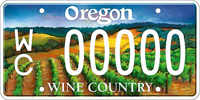 Example of the Oregon Wine Country license plate design. Example of the Oregon Wine Country license plate design.