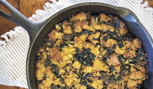Cast-Iron Focaccia Stuffing with Merguez from Mac Market. ##Photo provided